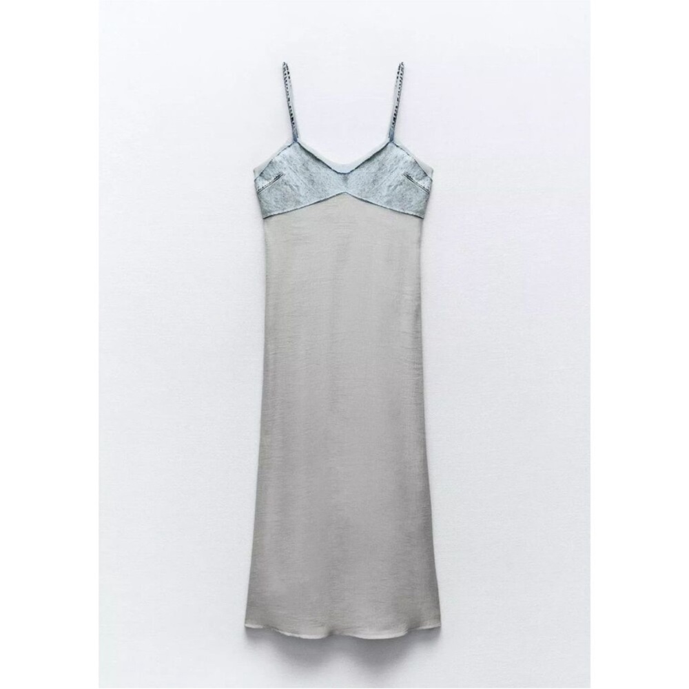 ZARA Blue Denim Contrasting Midi Dress Semi Sheer Slit Cover Up Size Large - Picture 8 of 9